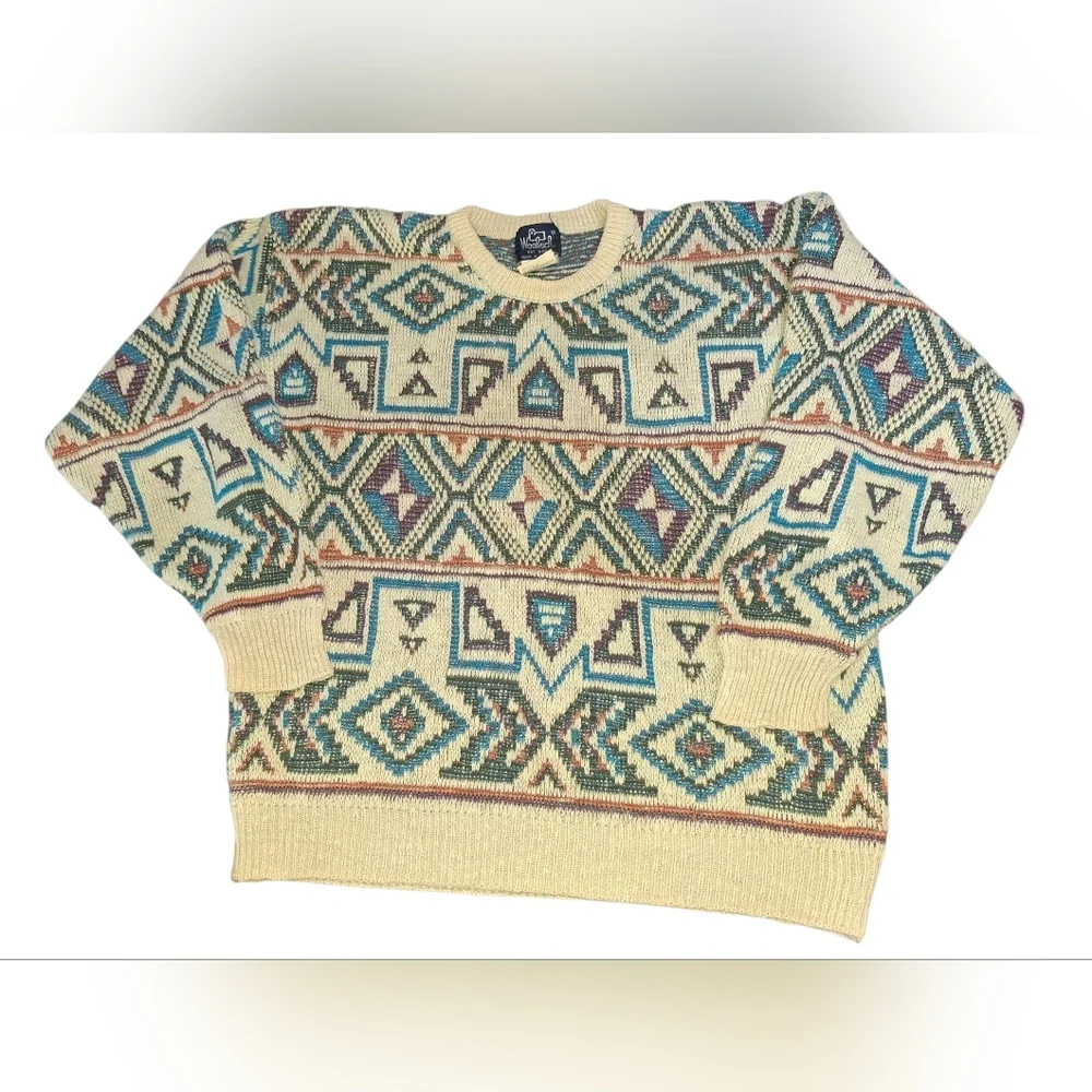 Vintage Woolrich Cream Crewneck Sweater with Teal, Navy & Brown Aztec Pattern